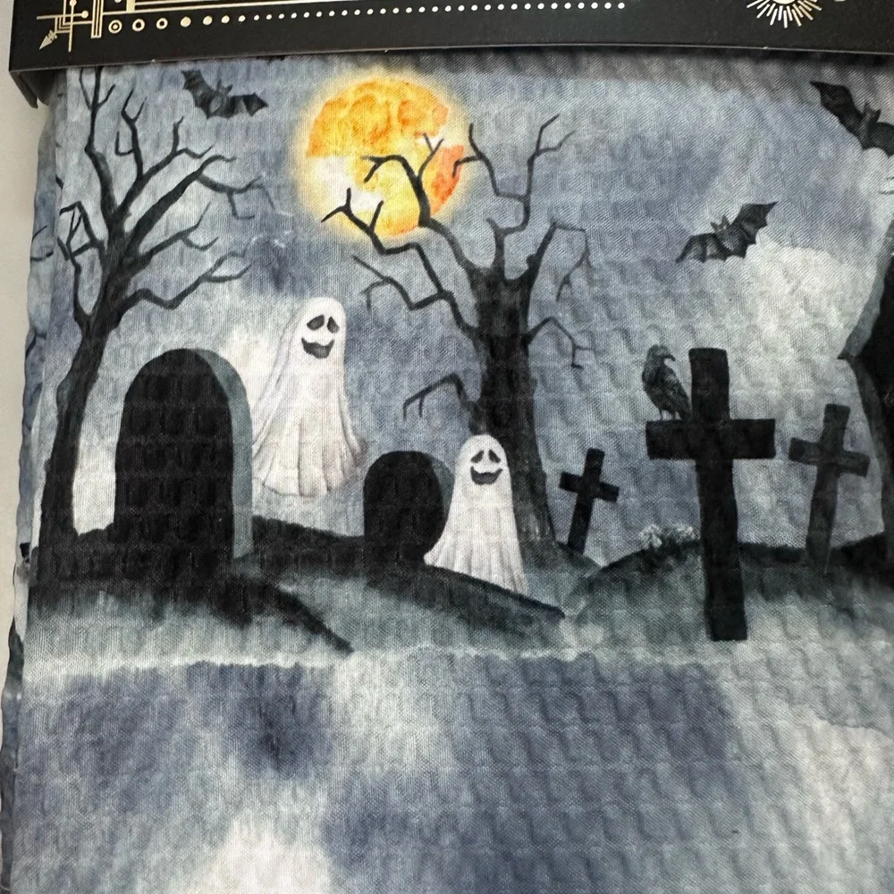 Spooky Lane Halloween Haunted House Graveyard Shower Curtain - Black and Yellow